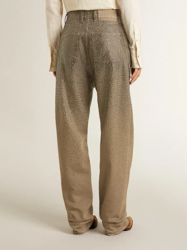 Pantalones de algodón de color caqui para mujer con efecto degradado de Swarovski