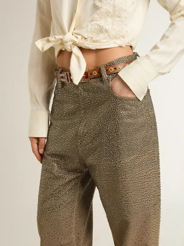 Pantalones de algodón de color caqui para mujer con efecto degradado de Swarovski