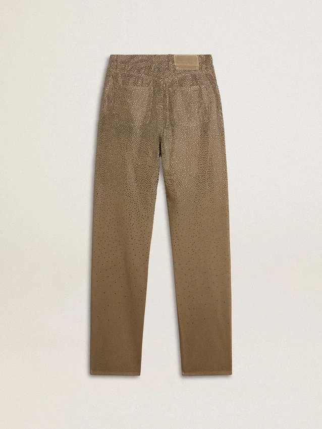 Pantalones de algodón de color caqui para mujer con efecto degradado de Swarovski