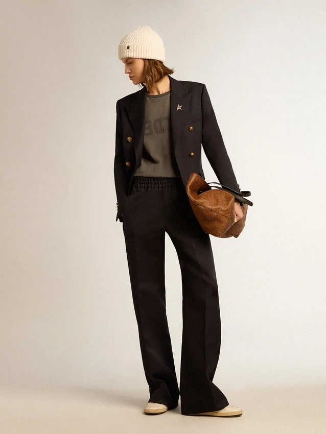 Pantalones de chándal de mujer en gabardina de lana azul oscuro