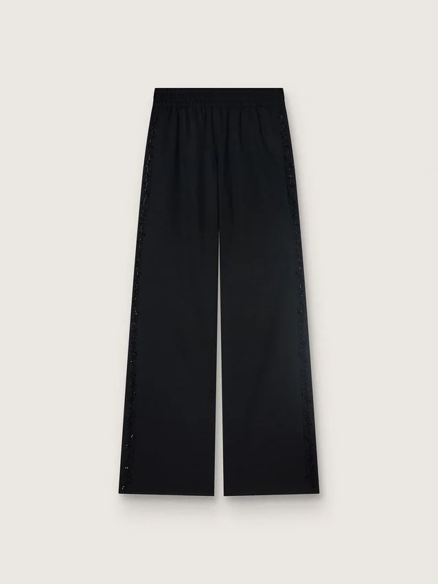 Pantalones de chándal de mujer en sarga de lana negra con bordado de lentejuelas
