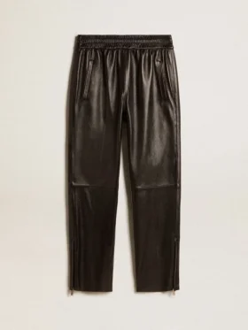 Pantalones de chándal negros de piel napa con cremallera en la parte inferior