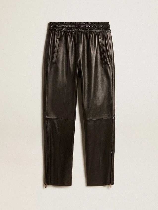 Pantalones de chándal negros de piel napa con cremallera en la parte inferior