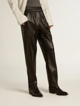 Pantalones de chándal negros de piel napa con cremallera en la parte inferior