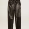 Pantalones de chándal negros de piel napa con cremallera en la parte inferior