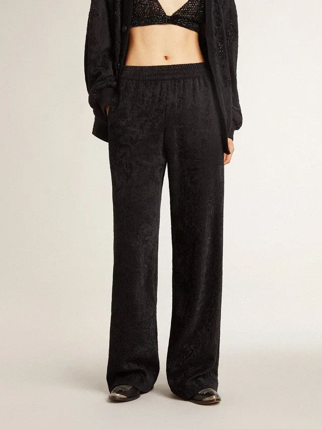 Pantalones de chándal negros para mujer con estampado toile de jouy tono sobre tono