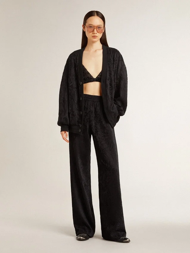 Pantalones de chándal negros para mujer con estampado toile de jouy tono sobre tono