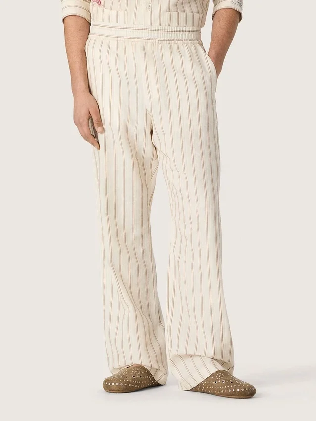 Pantalones de chándal unisex de algodón y lino a rayas en tonos crudo y arena