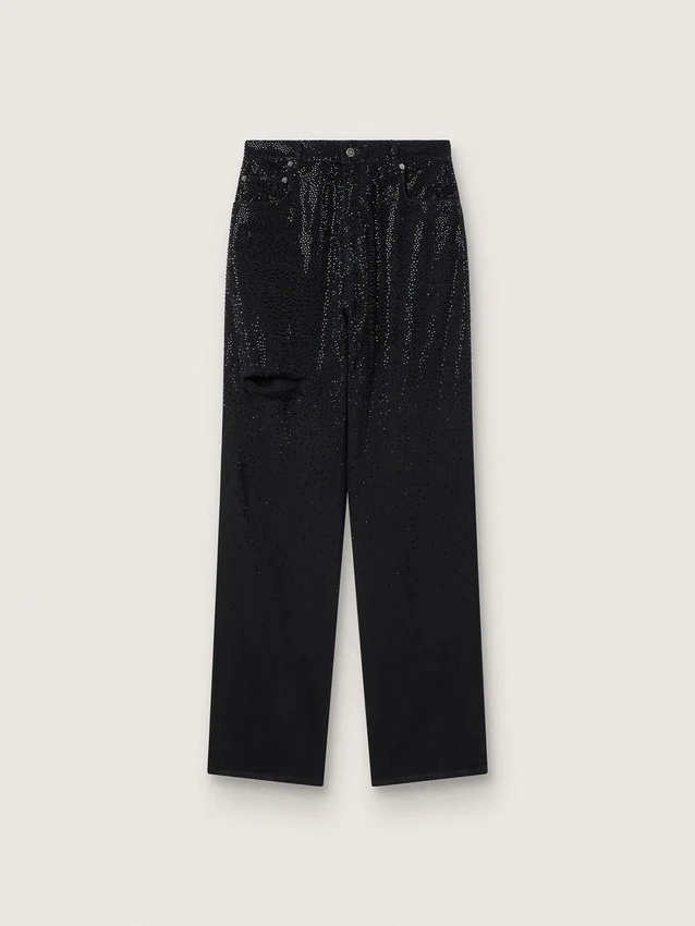 Pantalones de denim de algodón para mujer con adornos de cristales con efecto sombreado