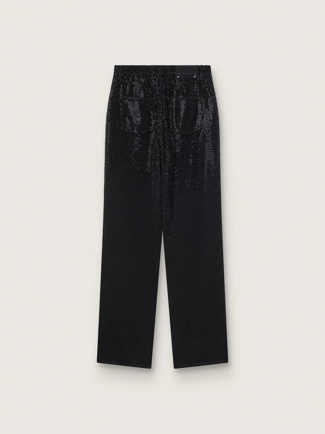 Pantalones de denim de algodón para mujer con adornos de cristales con efecto sombreado