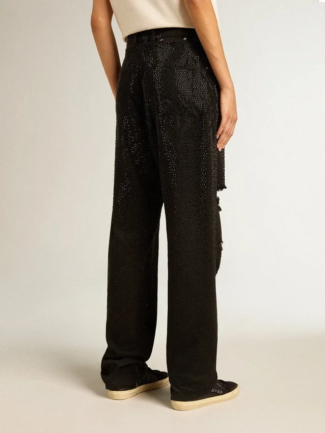 Pantalones de denim de algodón para mujer con adornos de cristales con efecto sombreado