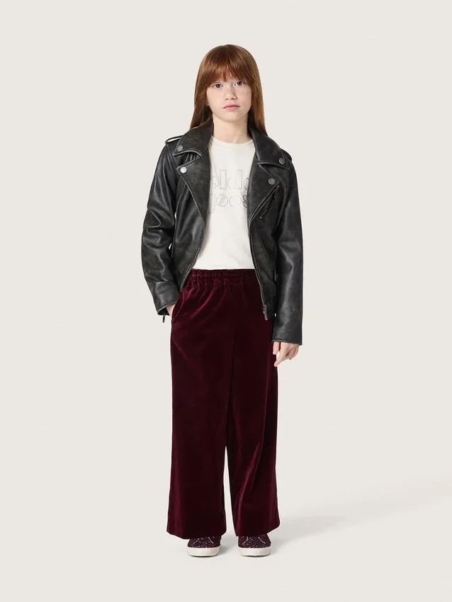 Pantalones de efecto terciopelo burdeos para niñas con bolsillo trasero