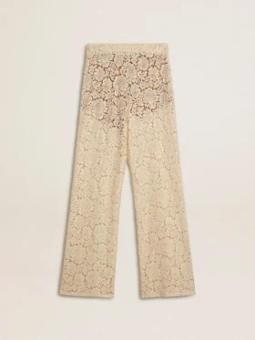 Pantalones de encaje transparente de color crema para mujer