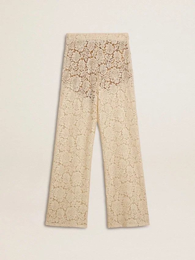 Pantalones de encaje transparente de color crema para mujer