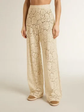 Pantalones de encaje transparente de color crema para mujer