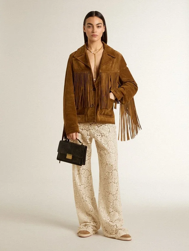 Pantalones de encaje transparente de color crema para mujer