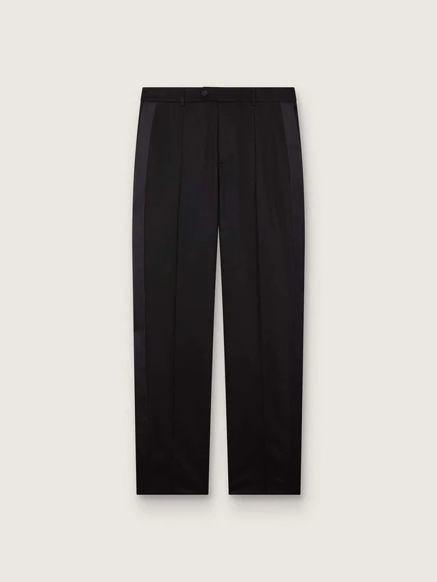 Pantalones de hombre de lana fina negra con raya lateral de satén