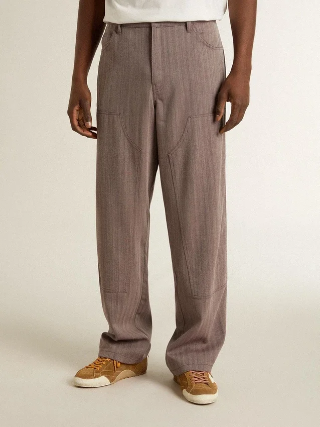 Pantalones de hombre de mezcla de lana con microdibujo en forma de chevron marrón claro