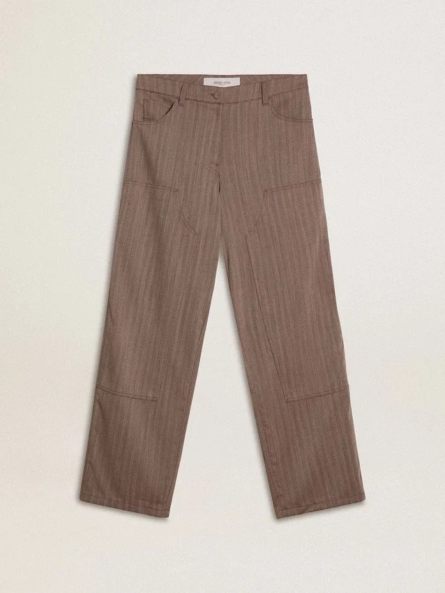 Pantalones de mujer de mezcla de lana con microdiseño en forma de chevron marrón claro