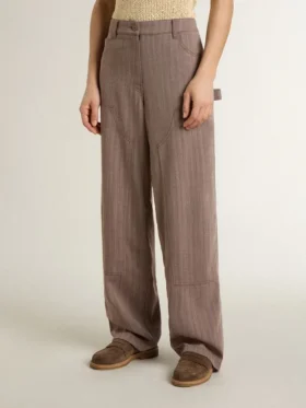 Pantalones de mujer de mezcla de lana con microdiseño en forma de chevron marrón claro