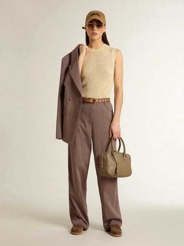 Pantalones de mujer de mezcla de lana con microdiseño en forma de chevron marrón claro