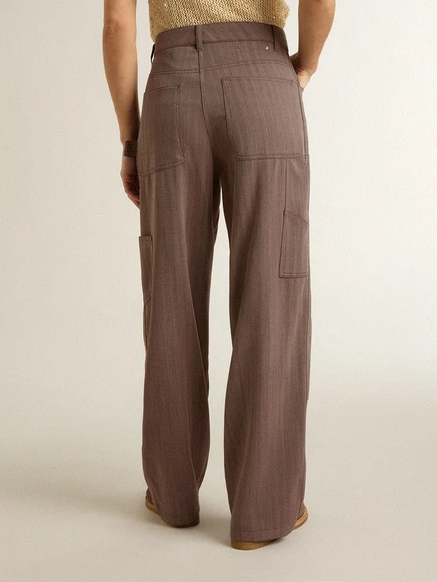 Pantalones de mujer de mezcla de lana con microdiseño en forma de chevron marrón claro