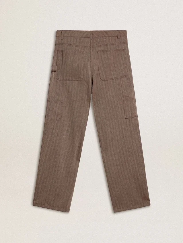 Pantalones de mujer de mezcla de lana con microdiseño en forma de chevron marrón claro
