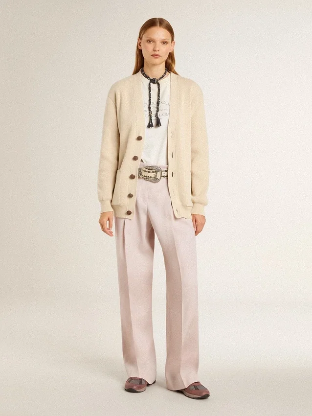 Pantalones de mujer de tejido de lana entallado en color rosa