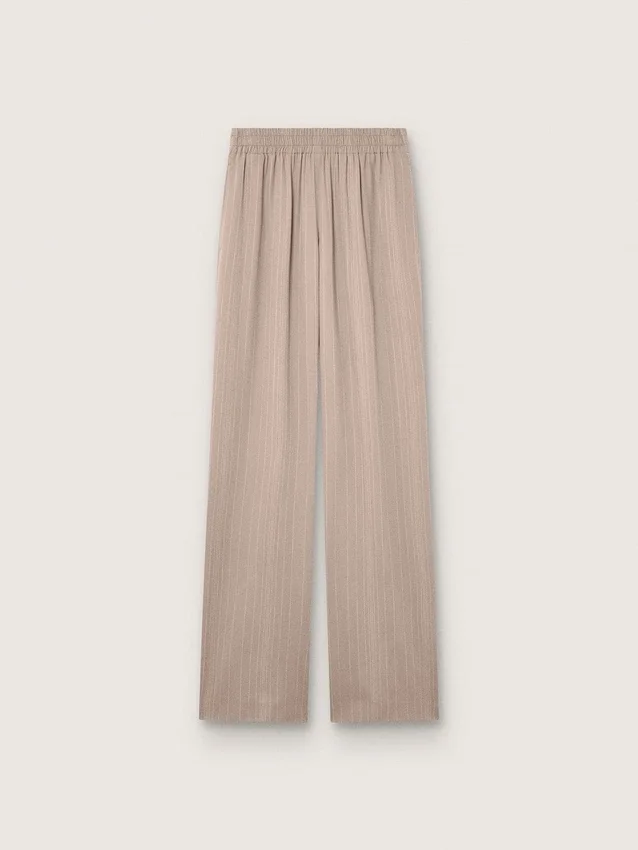 Pantalones de mujer en mezcla de lana gris con motivo de rayas finas y cintura elástica