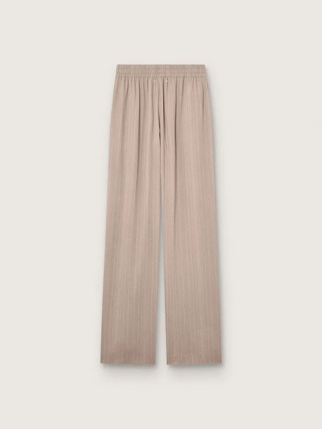 Pantalones de mujer en mezcla de lana gris con motivo de rayas finas y cintura elástica