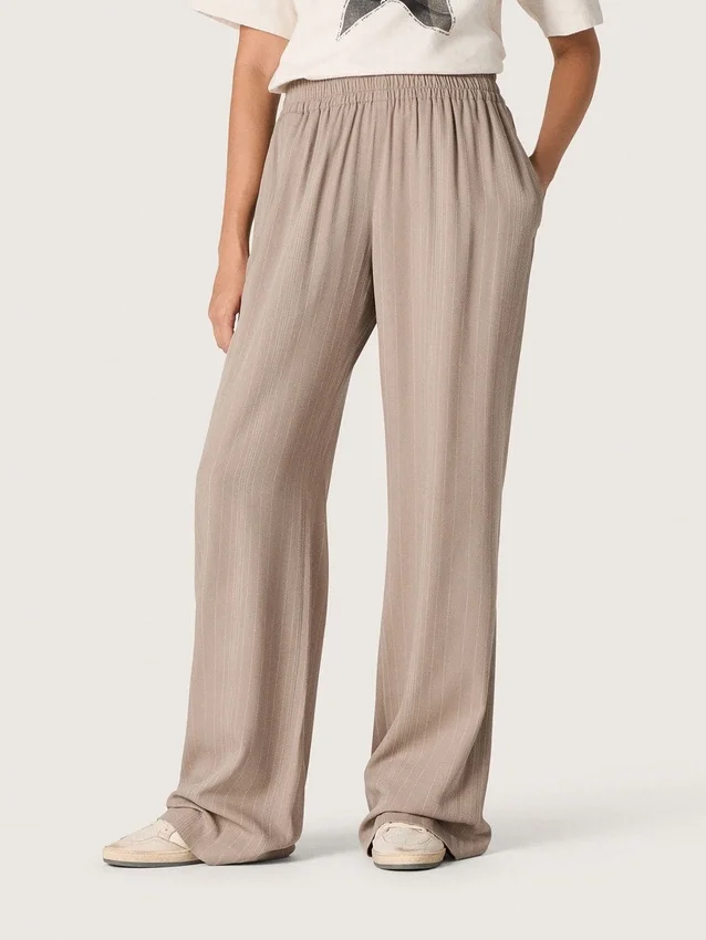 Pantalones de mujer en mezcla de lana gris con motivo de rayas finas y cintura elástica