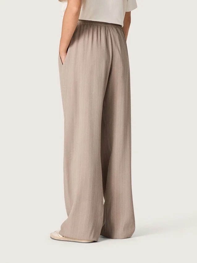 Pantalones de mujer en mezcla de lana gris con motivo de rayas finas y cintura elástica