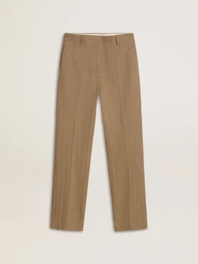 Pantalones de mujer en mezcla de lino con diseño de espiga en color arena