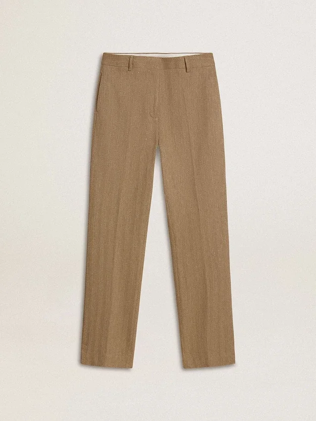 Pantalones de mujer en mezcla de lino con diseño de espiga en color arena
