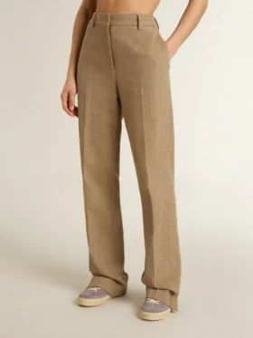 Pantalones de mujer en mezcla de lino con diseño de espiga en color arena