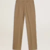 Pantalones de mujer en mezcla de lino con diseño de espiga en color arena