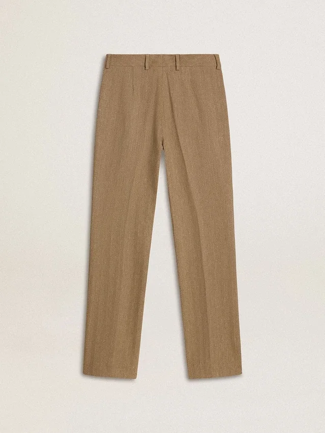 Pantalones de mujer en mezcla de lino con diseño de espiga en color arena