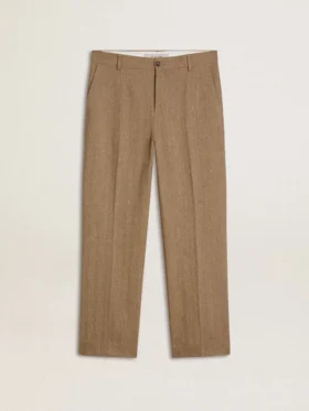 Pantalones de sastrería en mezcla de lino con diseño de chevrón color arena