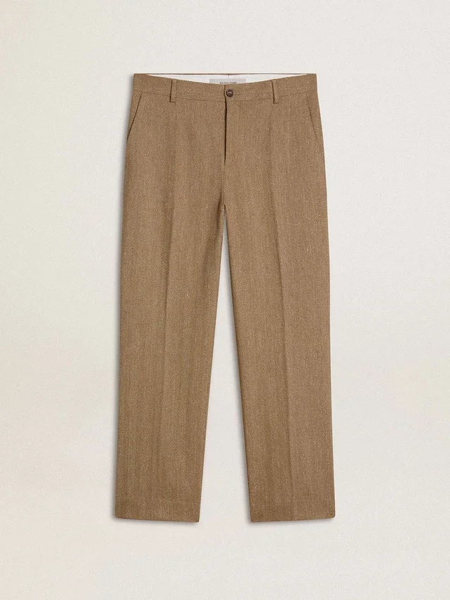 Pantalones de sastrería en mezcla de lino con diseño de chevrón color arena
