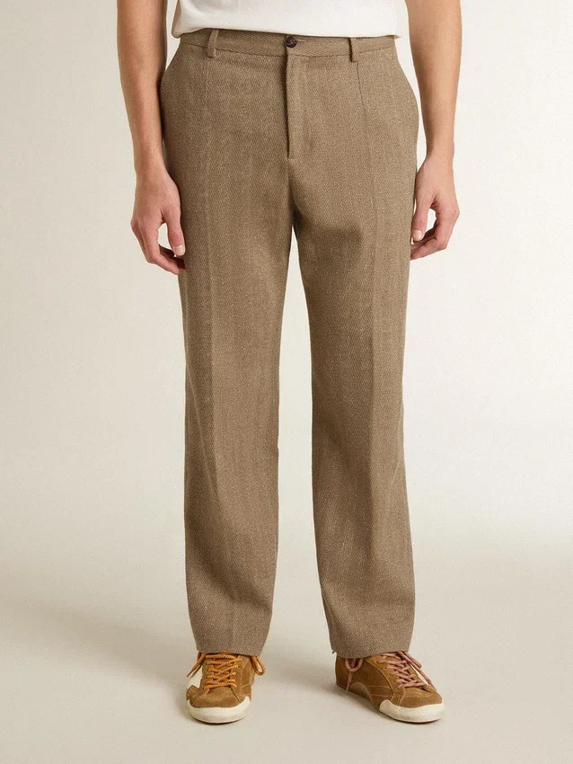 Pantalones de sastrería en mezcla de lino con diseño de chevrón color arena