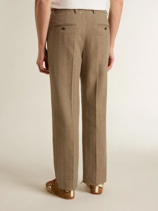 Pantalones de sastrería en mezcla de lino con diseño de chevrón color arena