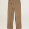 Pantalones de sastrería en mezcla de lino con diseño de chevrón color arena