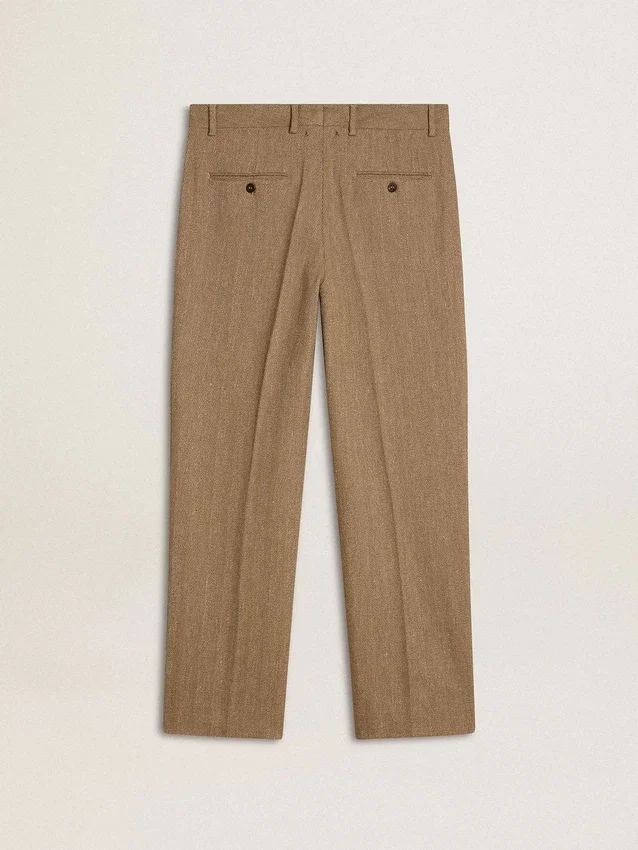 Pantalones de sastrería en mezcla de lino con diseño de chevrón color arena