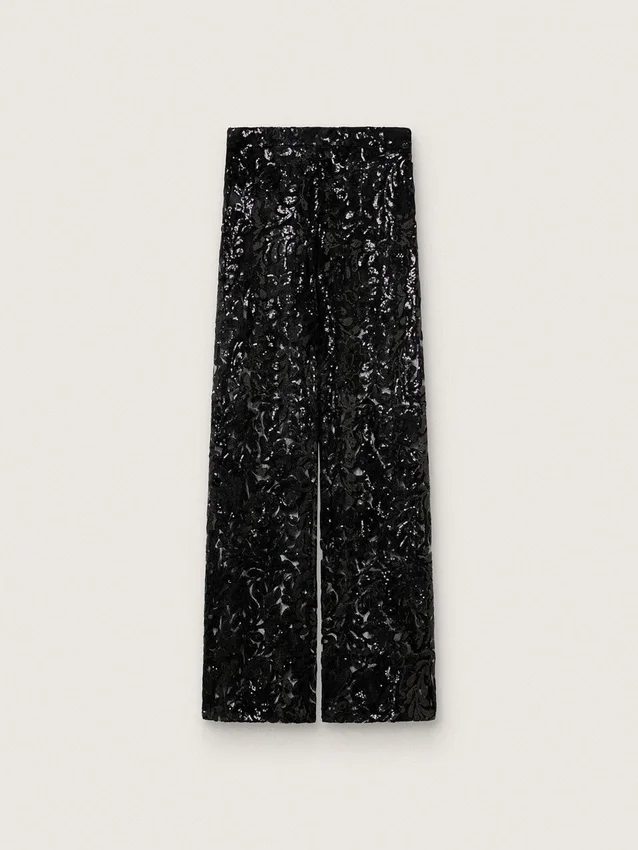 Pantalones de tul para mujer con bordado floral de lentejuelas negras