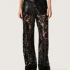 Pantalones de tul para mujer con bordado floral de lentejuelas negras