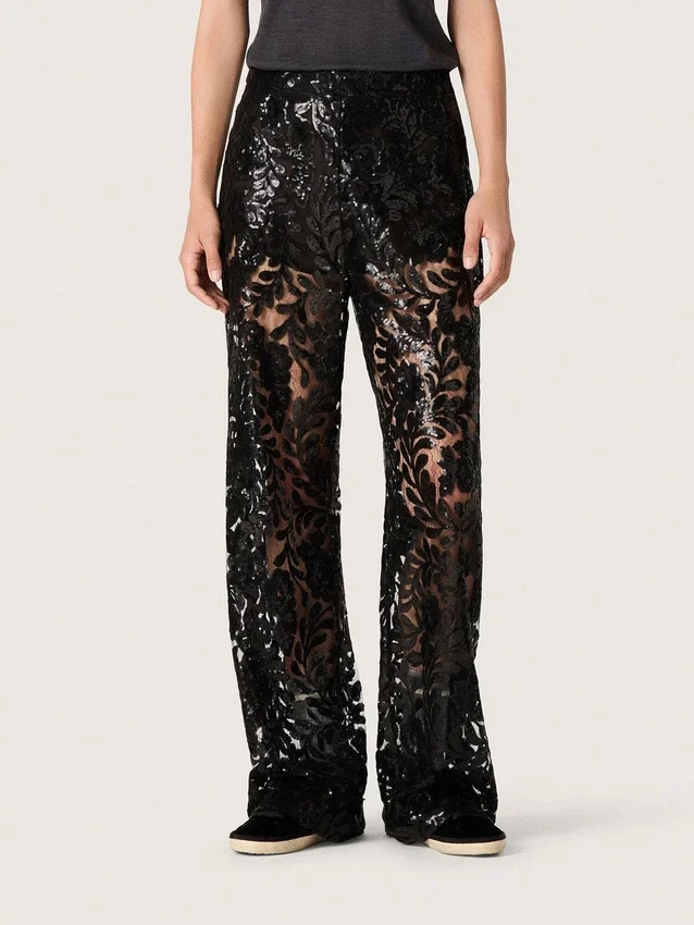 Pantalones de tul para mujer con bordado floral de lentejuelas negras