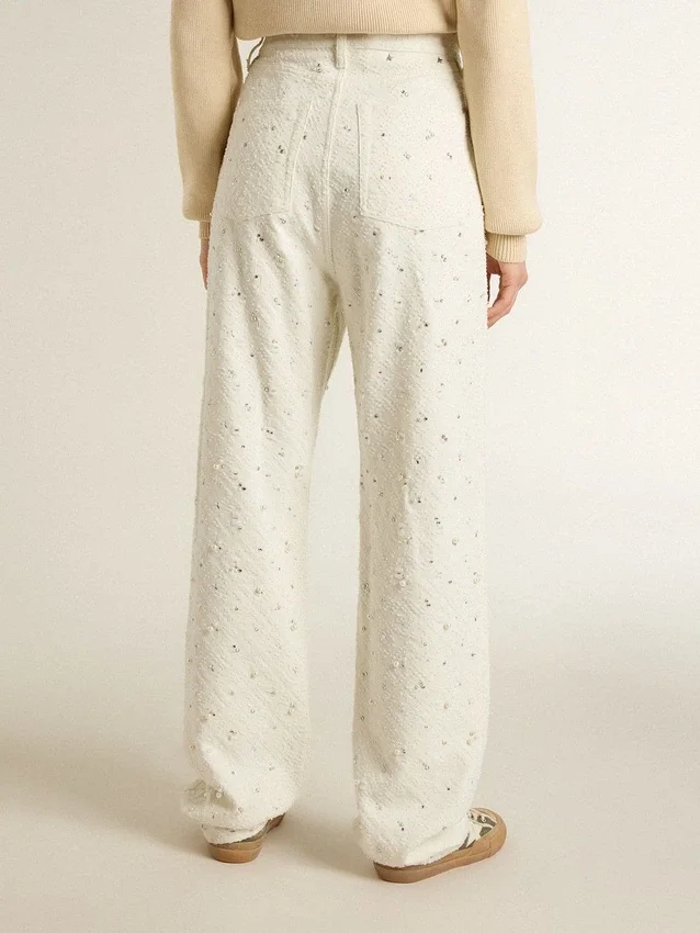 Pantalones de vaqueros blancos de mujer con abalorios y cristales