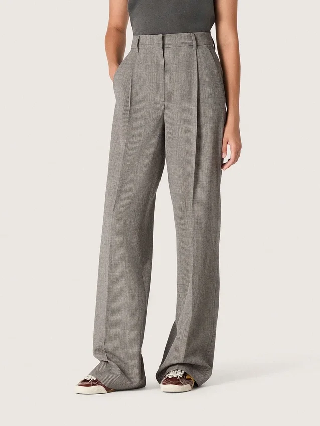 Pantalones oversize de mujer con estampado de cuadros Príncipe de Gales en gris