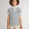 Polo blanco de algodón para niños con rayas azul marino y bordado