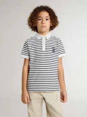 Polo blanco de algodón para niños con rayas azul marino y bordado